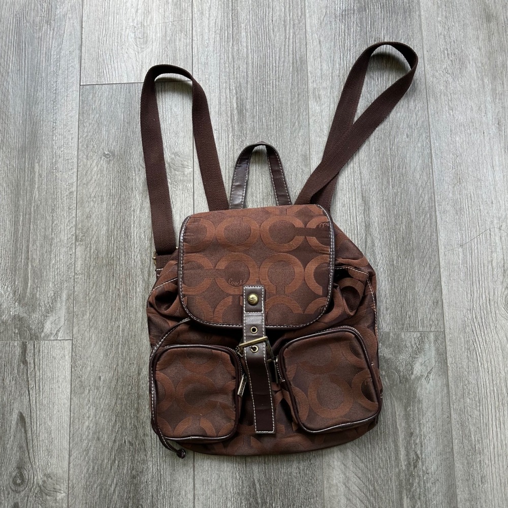 Y2K Vintage Coach Brown Monogram Backpack Bag Straps Boho